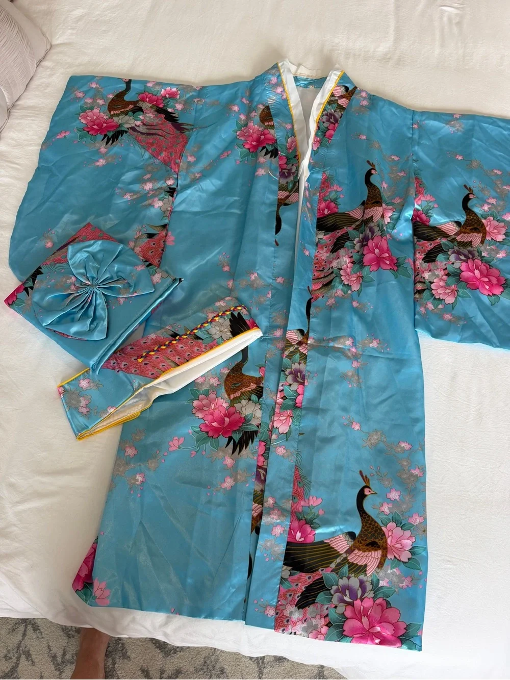 Girls Japanese Kimono Costume Blue Floral Peacock Robe Obi Halloween